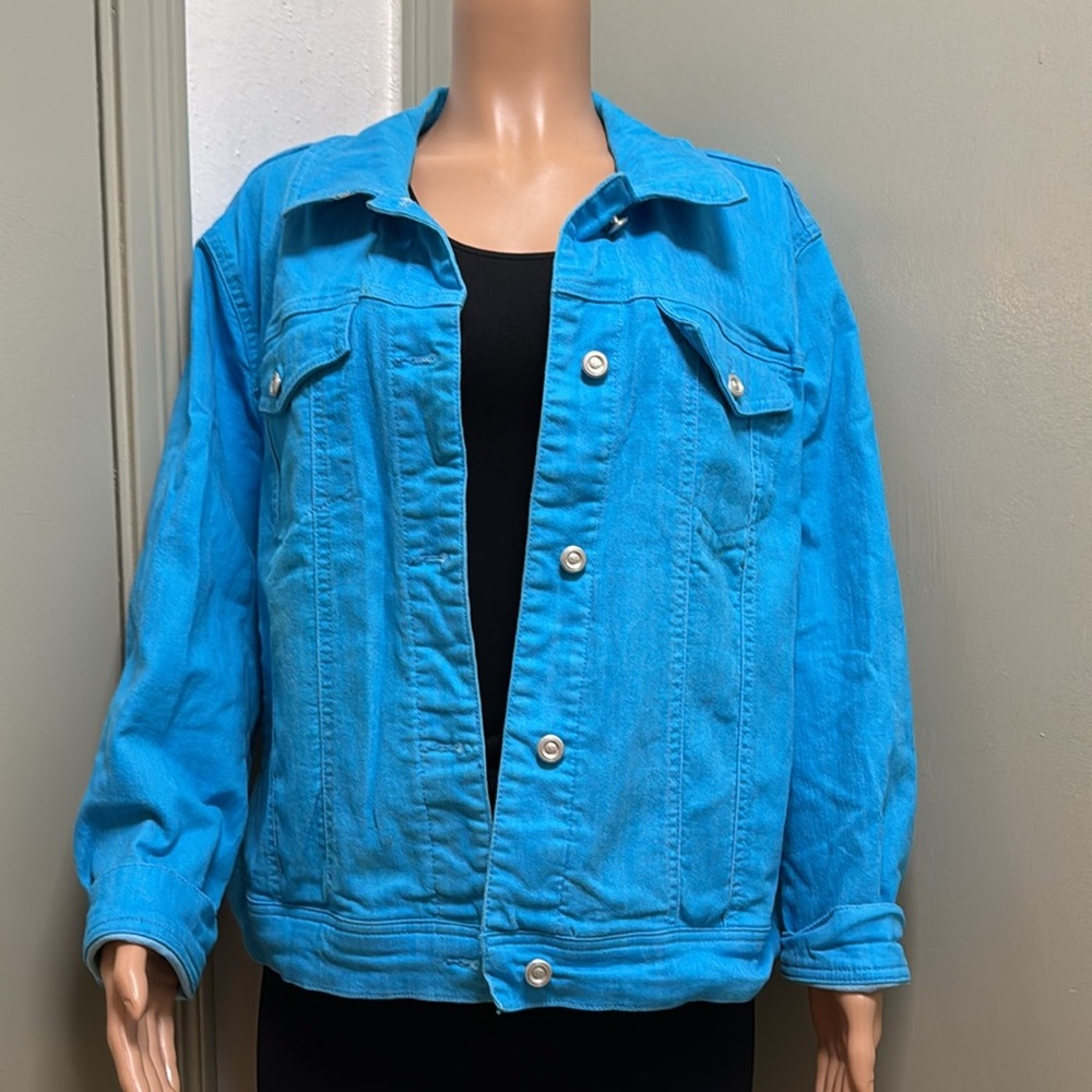 DG2 by Diane Gilman New Classic Stretch Denim Jean Jacket Aqua Blue EUC Size 1X
